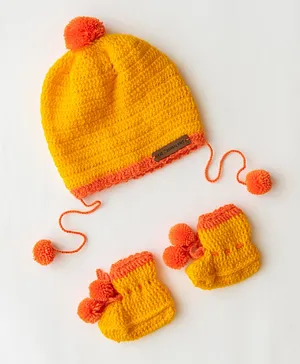 The Original Knit Handmade Bobble Cap With Booties - Yellow & Orange