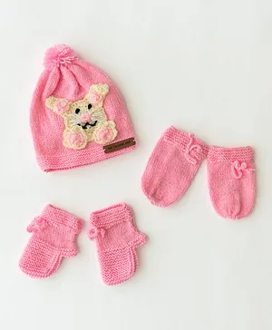The Original Knit Unisex Handmade Cat Design Cap With Socks & Mittens - Baby Pink