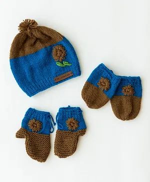 The Original Knit Handmade Flower Design Cap With Socks & Mittens - Brown & Blue
