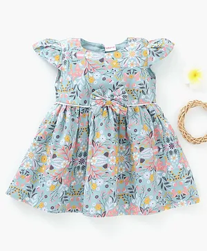 Babyhug Rayon Short Sleeves Frock with Bow Applique Floral Print - Olive Green