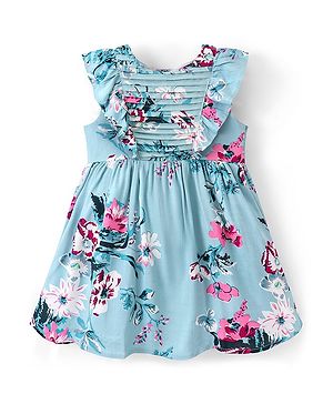Babyhug Rayon Woven Frill Sleeves Frock with Floral Print - Blue