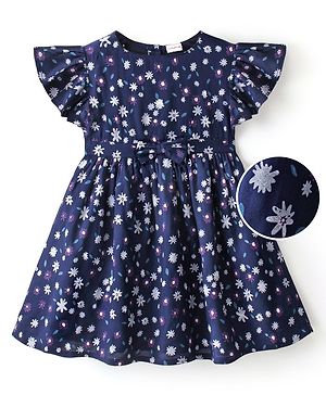Babyhug 100% Rayon Short Cap Sleeves Floral Print Yarndyed Frock with Bow Applique - Navy Blue