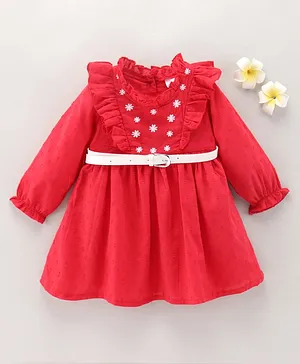 Babyhug Long Sleeves Floral Embroidery Dress With Belt - Red