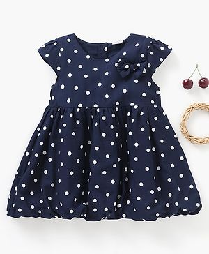 Babyhug Rayon Cap Sleeves Polka Dots Printed Woven Frock With Bow Applique - Navy Blue