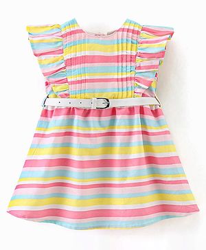 Babyhug 100% Cotton Woven Frill Sleeves Striped Frock with Waist Belt - Multicolour