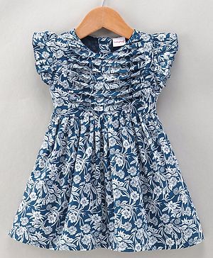 Babyhug 100 % Cotton Frill Sleeves Frock Floral Print - Navy Blue