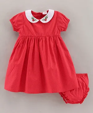 Babyhug 100% Cotton Half Sleeves Frock & Bloomer Polka Dot Print with Floral Embroidery - Red