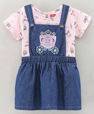 Babyhug Denim Dungaree Style Frock With Cotton Half Sleeves Tee Multi Print - Blue Pink