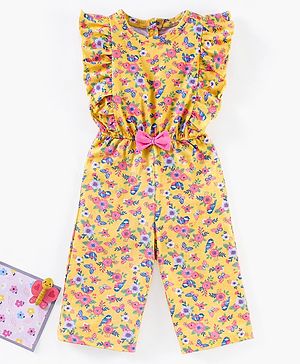 Babyhug 100% Cotton Knit Sleeveless Jumpsuit Flower And Butterfly Print - Yellow