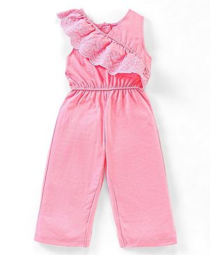 Babyhug 100% Cotton Sleeveless Jumpsuit With Floral Embroidery- Peach