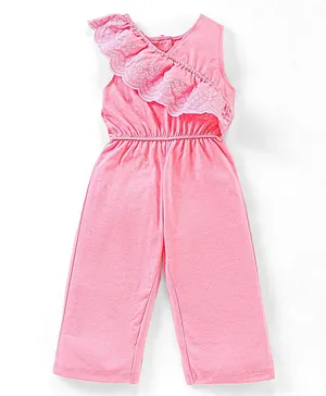 Babyhug 100% Cotton Sleeveless Jumpsuit With Floral Embroidery- Peach