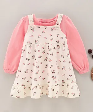Babyhug Full Sleeves Inner Tee With Cotton Frock Floral Print- Peach