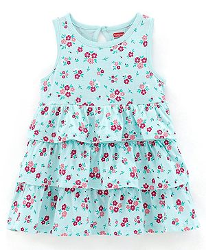 Babyhug 100% Cotton Knit Sleeveless Frock Floral Print - Blue