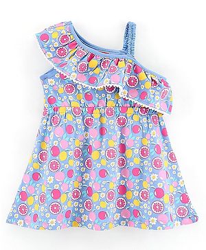 Babyhug 100% Cotton One Shoulder Printed Frock - Blue