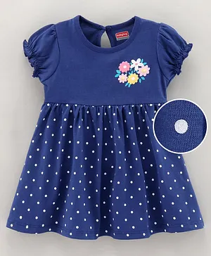 Babyhug 100% Cotton Knit Short Sleeves Frock Floral Applique & Polka Dots Print - Navy