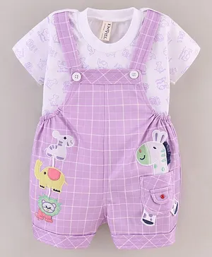 Dapper Dudes Half Sleeves All Over Elephant Print Tee With Checked & Animal Patch Dungaree - Purple