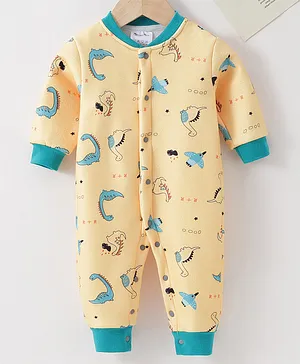Kookie Kids Full Sleeves Winter Wear Romper Dino Print - Yellow