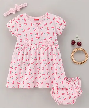 Babyhug 100% Cotton Cap Sleeves Frock With Bloomer & Headband Cherry Print- Pink