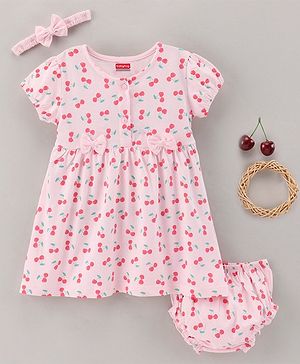 Babyhug 100% Cotton Cap Sleeves Frock With Bloomer & Headband Cherry Print- Pink