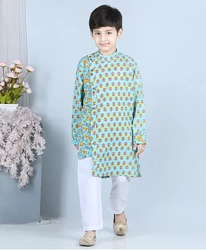 Kinder Kids Full Sleeves Floral Motif Printed Kurta With Solid Pyjama - Light Green