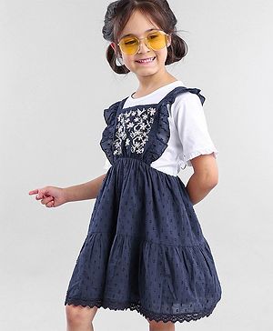Babyhug Cotton Sleeveless Frock With Half Sleeves Top Floral & Dobby Embroidery - Navy Blue