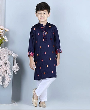 Kinder Kids Full Sleeves Motif Embroidered Gotta Patti Detail Kurta With Solid Pyjama - Blue