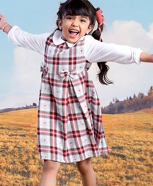 Babyhug 100% Cotton Full Sleeves Checked Frock - White Red