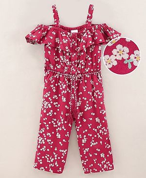 Babyhug  Rayon Sleeveless Woven Jumpsuit with Tassle at Waist Floral Print - Red