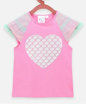 Lilpicks Couture Cap Sleeves Heart Detail Scallops Glitter Placement Printed Top - Pink