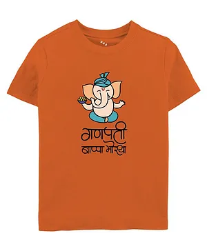 Zeezeezoo Half Sleeves Ganpati Bappa Morya Hindi Caption Print T Shirt - Orange
