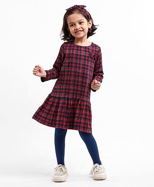 Babyhug Yarndyed Full Sleeves Checks Frock With Leggings and Headband - Red Navy Blue