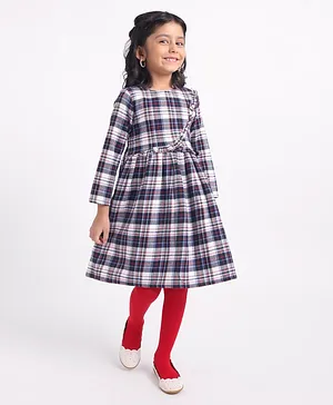 Babyhug Yarndyed Checks Full Sleeves Frock With Footed Leggings With Cotton Lining - Blue Red