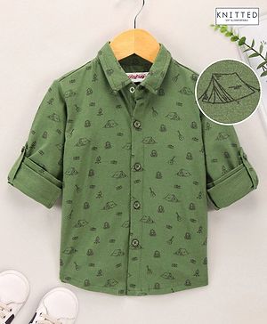 Babyhug Full Sleeves Knitted Shirt Printed - Olive
