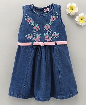 Babyhug Denim Sleeveless Embroideried Frock With Belt - Blue