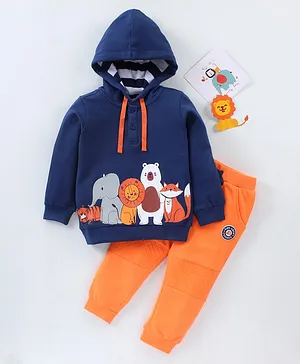 Babyhug Full Sleeves Hooded Sweatshirt & Lounge Pant Animal Print - Dark Blue Orange