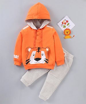 Babyhug Full Sleeves Hooded Sweatshirt & Lounge Pant Lion Applique - Orange Light Grey