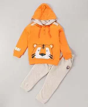 Babyhug Full Sleeves Hooded Sweatshirt & Lounge Pant Lion Applique - Orange Light Grey