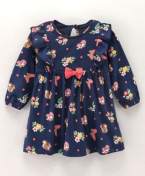 Babyhug 100% Cotton Three Forth Sleeves Frock Floral Print - Navy