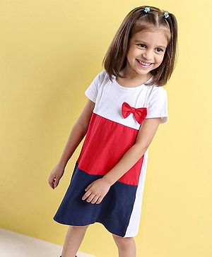 Babyhug 100%Cotton Short Sleeves Colour Block Frock Bow Applique - White Red Navy Blue