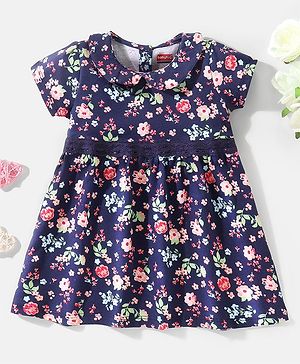 Babyhug 100% Cotton Knit Half Sleeves Peter Pan Collar Frock With Lace Detailing At Waist Floral Print - Navy Blue