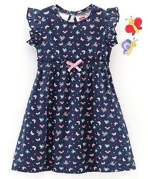 Babyhug 100% Cotton Knit Frill Sleeves Frock Floral & Butterflies Print - Navy Blue