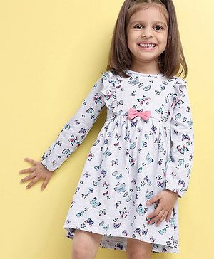 Babyhug 100% Cotton Full Sleeve Frock Butterfly Print - Ecru Melange