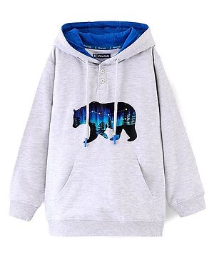 Pine Kids Cotton Blend Knit Full Sleeves Bear Printed Hooded Sweatshirt - Grey