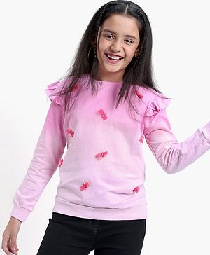 Pine Kids Cotton Knit Full Sleeves Bio Washed Sweatshirt Butterfly Applique - Pink