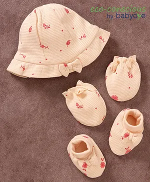 Babyoye Cotton Waffle Knit Cap Mittens & Booties Floral Print Peach - Circumference 49 cm