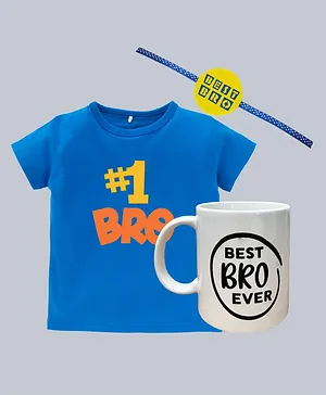 Kadam Baby Short Sleeves #1 Bro Print T Shirt And Best Bro Detail Rakhi With Best Bro Ever Detail Mug - Blue