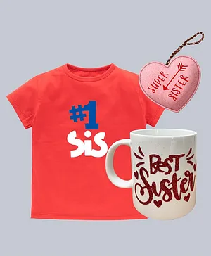 Kadam Baby Short Sleeves #1 Sis Print T Shirt And Super Sister Detail Keychain With Best Sister Detail Mug - Red