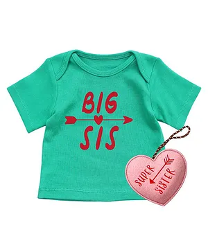 Kadam Baby Set Of Half Sleeves Big Sis Print Tee With Super Sister Heart Felt Toy - Green