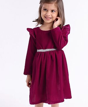 Babyhug Full Sleeves with Frill Velvet Party Frock with Lace - Fuschia