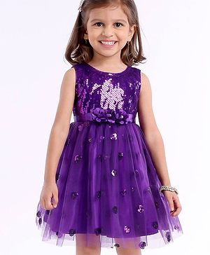 Babyhug Sleeveless Sequins Party Frock With Floral Applique - Aubergine